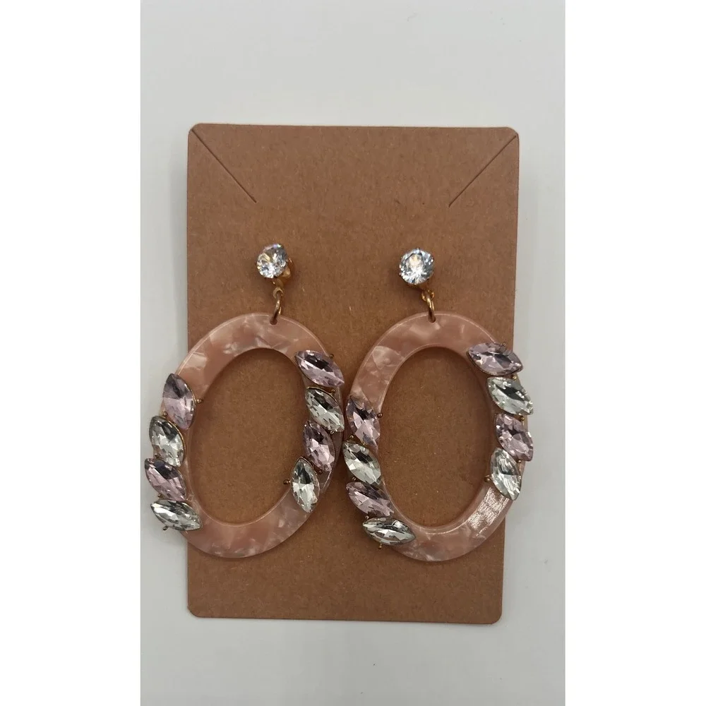 Peach Marbled Resin Oval Hoop Earrings Pink Clear Rhinestone Crystal Statement